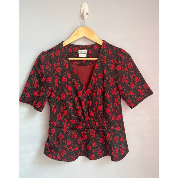 ANTHROPOLOGIE MEADOW RUE sz S Heartland red Rose floral peplum blouse EUC - Picture 2 of 4